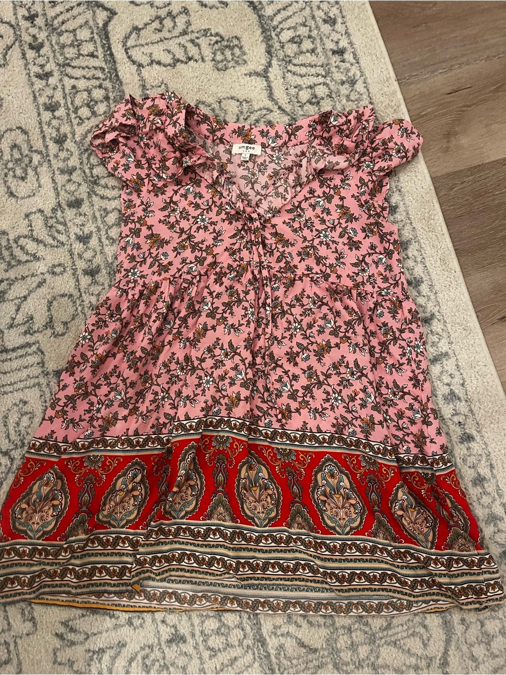 Umgee Pink Floral Dress with Red Paisley Border